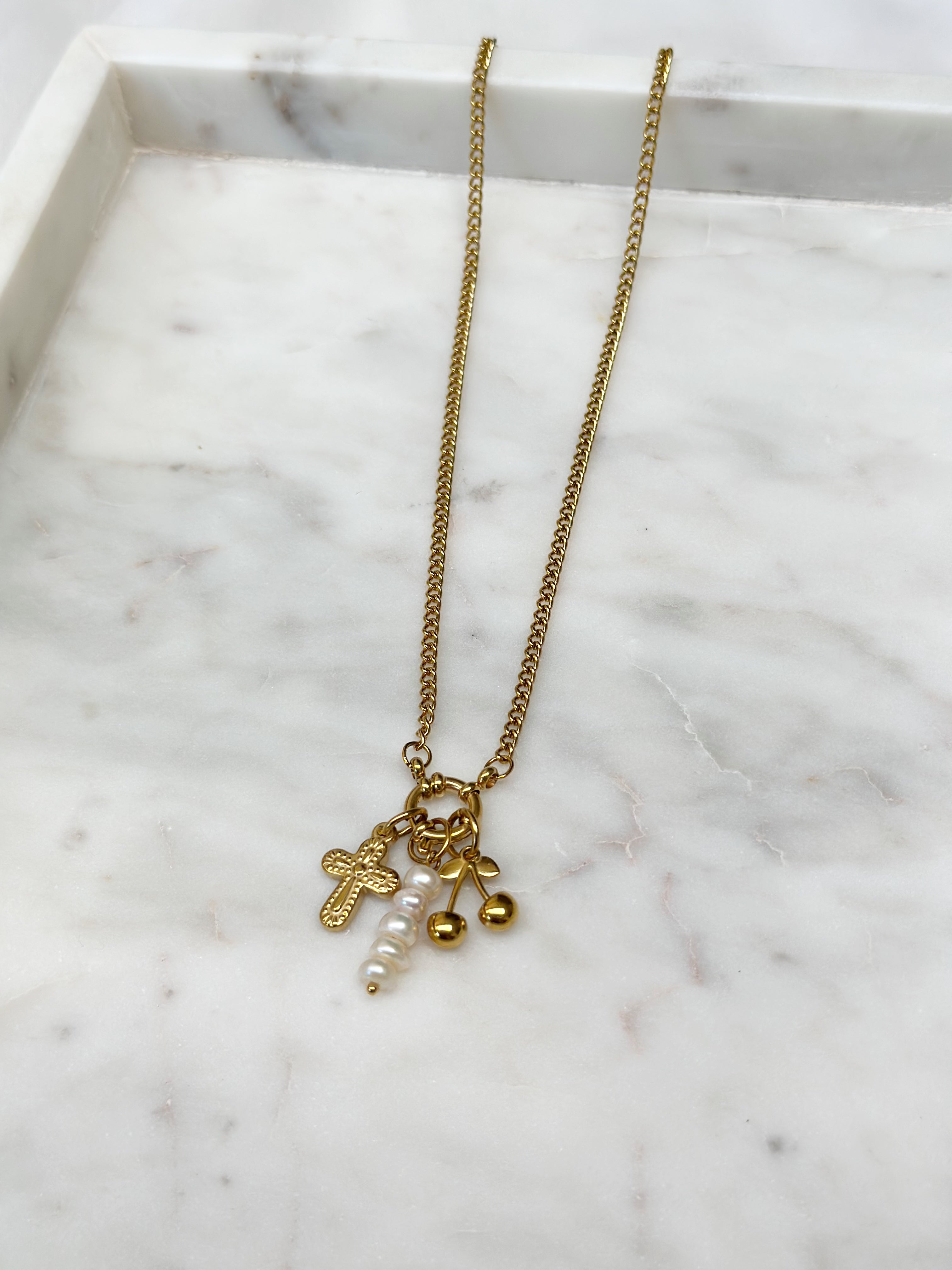 Cross and Cherry Charm Necklace