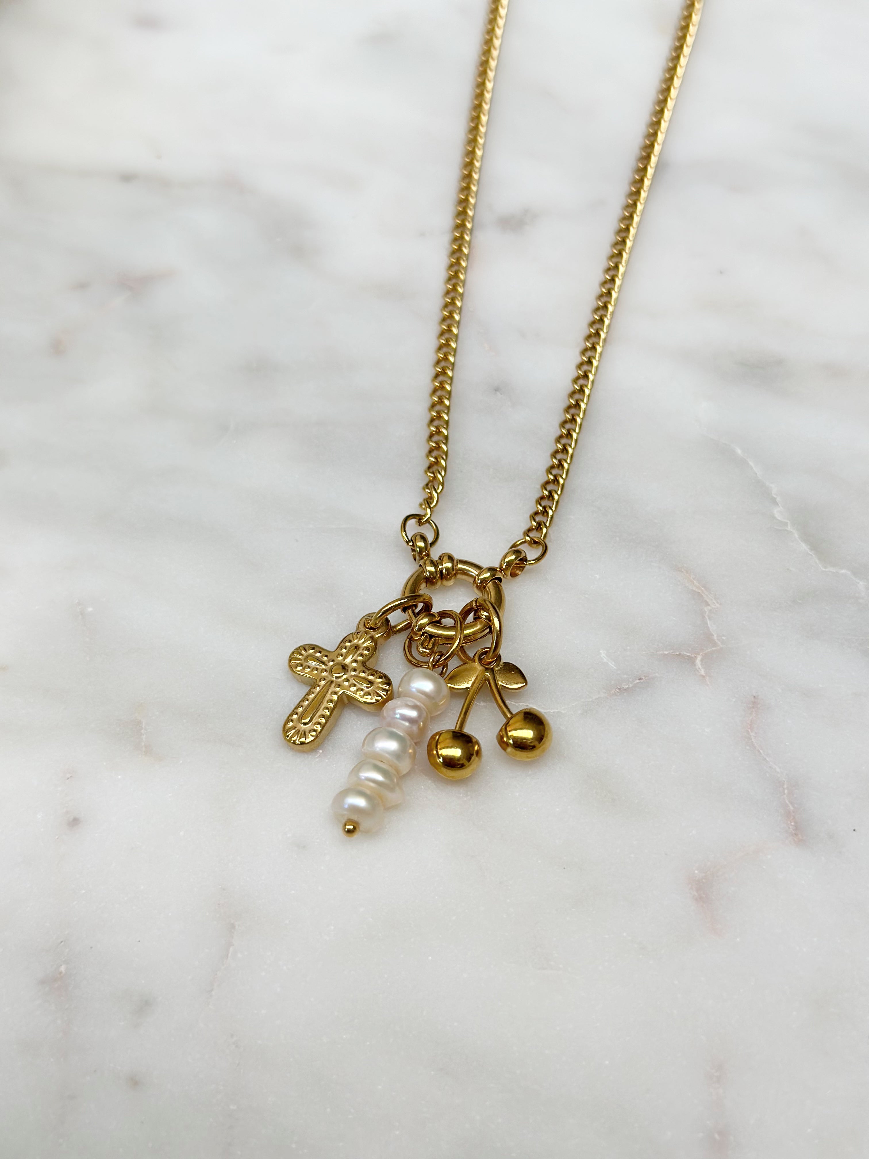 Cross and Cherry Charm Necklace